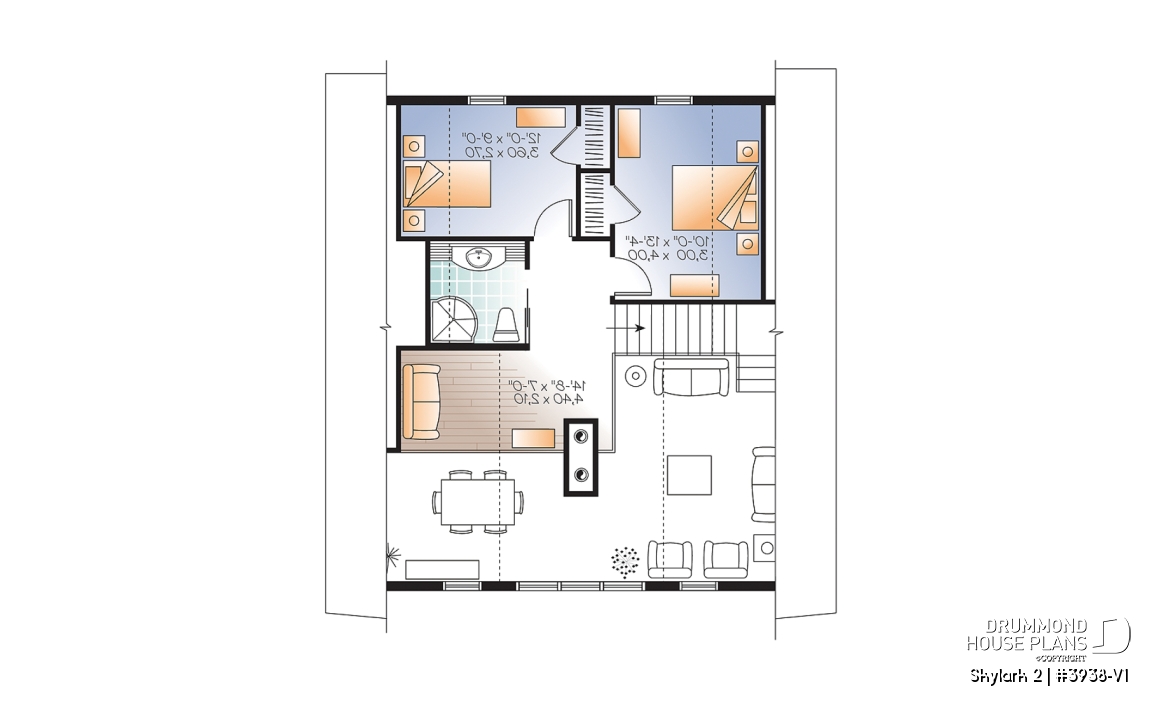 2nd level - 3 to 5 bedroom Rustic A-Frame house plan, open living dining, fireplace, mezzanine &amp; large terrace - Skylark 2