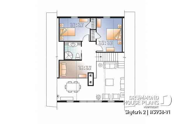 2nd level - 3 to 5 bedroom Rustic A-Frame house plan, open living dining, fireplace, mezzanine & large terrace - Skylark 2