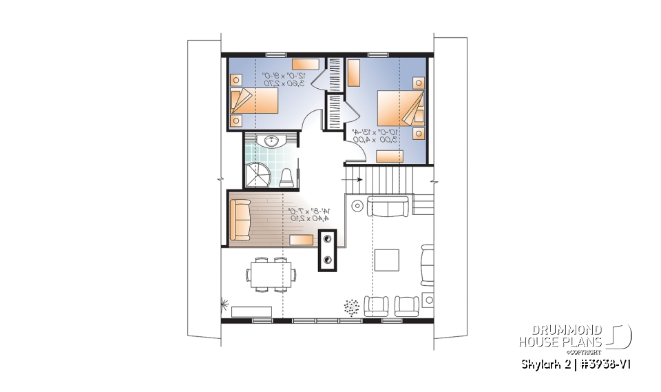 2nd level - 3 to 5 bedroom Rustic A-Frame house plan, open living dining, fireplace, mezzanine &amp; large terrace - Skylark 2