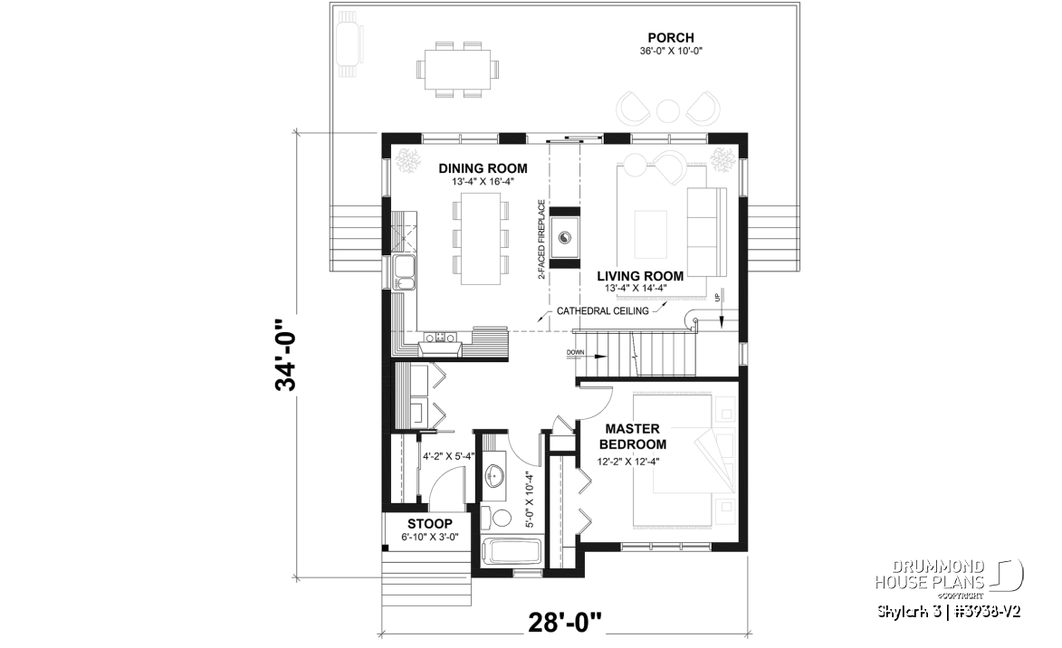 1st level - Three bedroom, two bathroom rustic chalet house plan, cathedral ceiling, mezzanine, open floor plan concept - Skylark 3