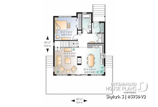 1st level - Three bedroom, two bathroom rustic chalet house plan, cathedral ceiling, mezzanine, open floor plan concept - Skylark 3