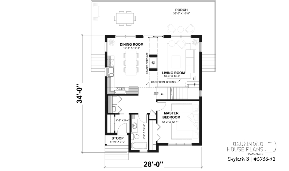 1st level - Three bedroom, two bathroom rustic chalet house plan, cathedral ceiling, mezzanine, open floor plan concept - Skylark 3