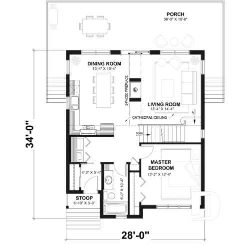 1st level - Three bedroom, two bathroom rustic chalet house plan, cathedral ceiling, mezzanine, open floor plan concept - Skylark 3