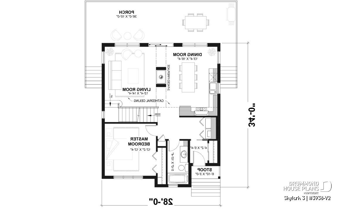 1st level - Three bedroom, two bathroom rustic chalet house plan, cathedral ceiling, mezzanine, open floor plan concept - Skylark 3