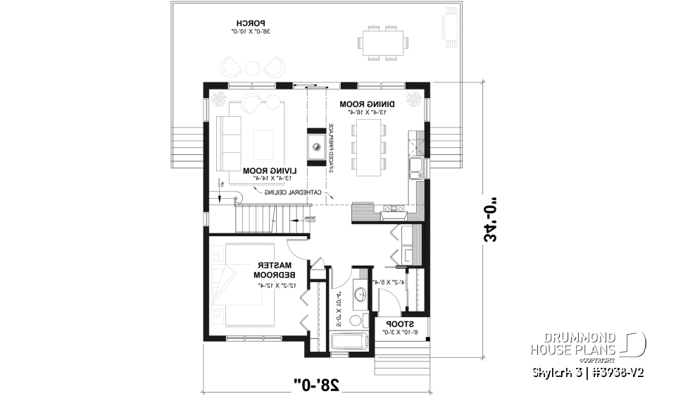 1st level - Three bedroom, two bathroom rustic chalet house plan, cathedral ceiling, mezzanine, open floor plan concept - Skylark 3