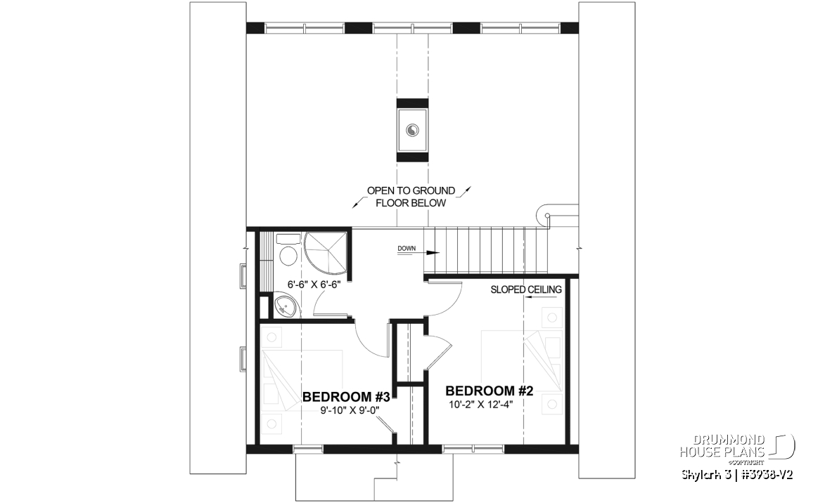 2nd level - Three bedroom, two bathroom rustic chalet house plan, cathedral ceiling, mezzanine, open floor plan concept - Skylark 3