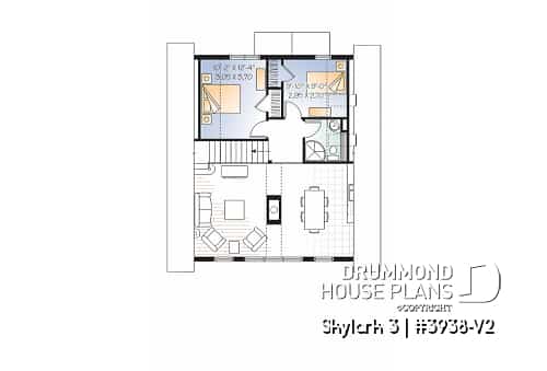 2nd level - Three bedroom, two bathroom rustic chalet house plan, cathedral ceiling, mezzanine, open floor plan concept - Skylark 3