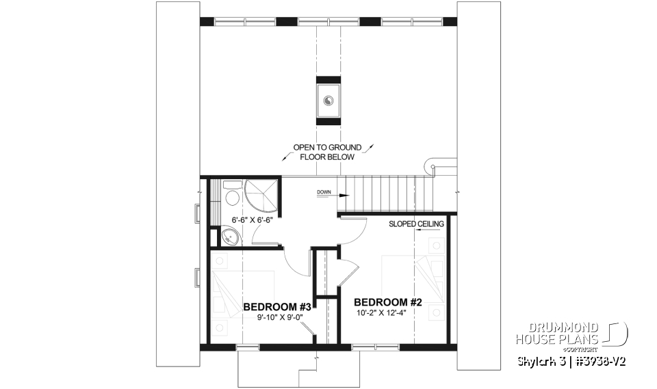 2nd level - Three bedroom, two bathroom rustic chalet house plan, cathedral ceiling, mezzanine, open floor plan concept - Skylark 3
