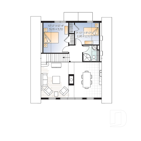 2nd level - Three bedroom, two bathroom rustic chalet house plan, cathedral ceiling, mezzanine, open floor plan concept - Skylark 3