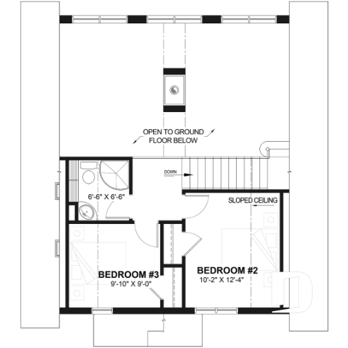 2nd level - Three bedroom, two bathroom rustic chalet house plan, cathedral ceiling, mezzanine, open floor plan concept - Skylark 3