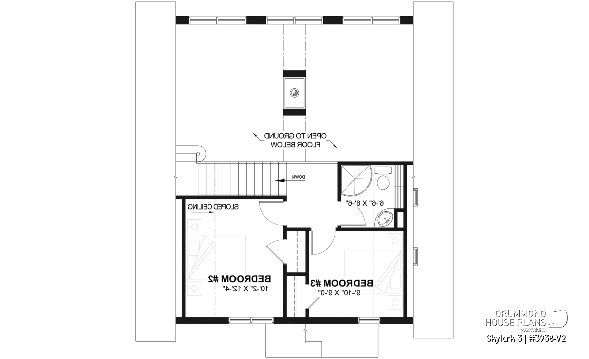 2nd level - Three bedroom, two bathroom rustic chalet house plan, cathedral ceiling, mezzanine, open floor plan concept - Skylark 3