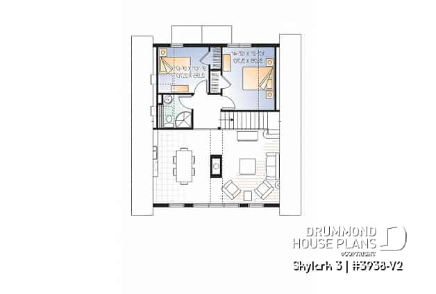 2nd level - Three bedroom, two bathroom rustic chalet house plan, cathedral ceiling, mezzanine, open floor plan concept - Skylark 3