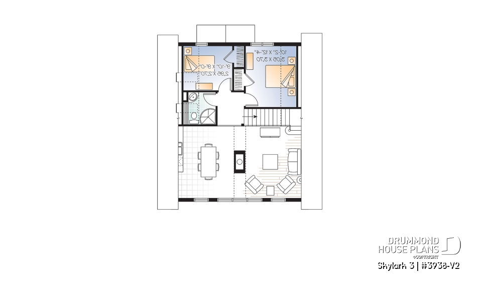 2nd level - Three bedroom, two bathroom rustic chalet house plan, cathedral ceiling, mezzanine, open floor plan concept - Skylark 3
