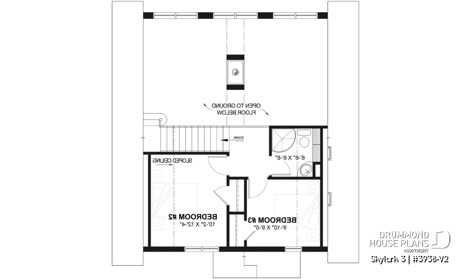 2nd level - Three bedroom, two bathroom rustic chalet house plan, cathedral ceiling, mezzanine, open floor plan concept - Skylark 3