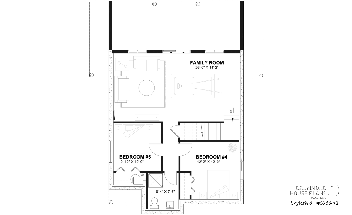 Finished basement (Optional $) - Three bedroom, two bathroom rustic chalet house plan, cathedral ceiling, mezzanine, open floor plan concept - Skylark 3