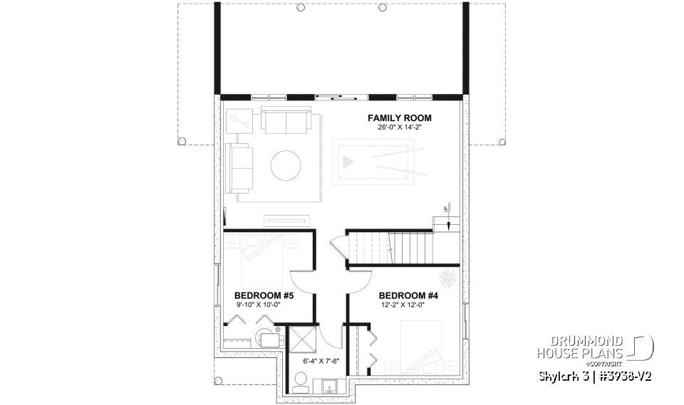 Finished basement (Optional $) - Three bedroom, two bathroom rustic chalet house plan, cathedral ceiling, mezzanine, open floor plan concept - Skylark 3