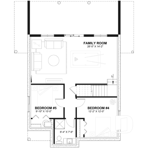 Finished basement (Optional $) - Three bedroom, two bathroom rustic chalet house plan, cathedral ceiling, mezzanine, open floor plan concept - Skylark 3