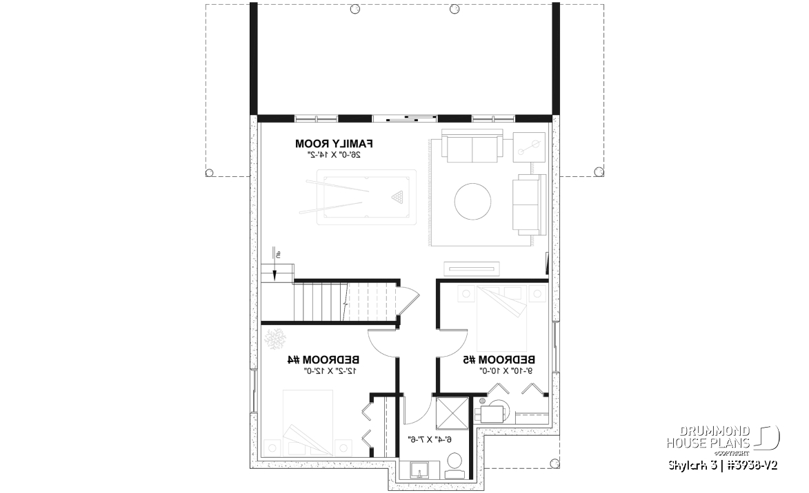 Finished basement (Optional $) - Three bedroom, two bathroom rustic chalet house plan, cathedral ceiling, mezzanine, open floor plan concept - Skylark 3