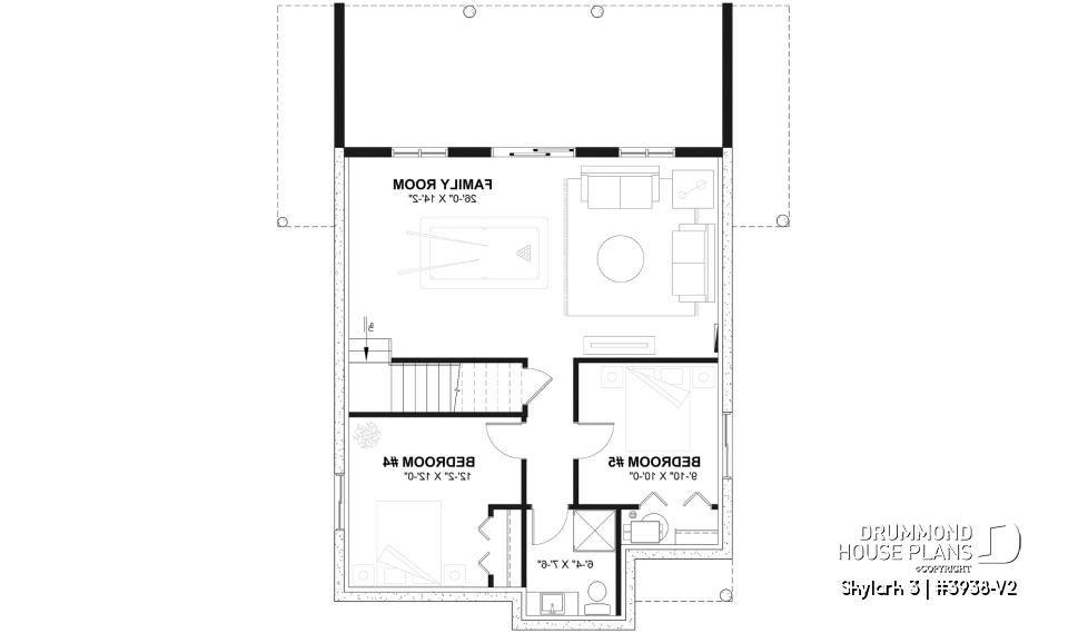 Finished basement (Optional $) - Three bedroom, two bathroom rustic chalet house plan, cathedral ceiling, mezzanine, open floor plan concept - Skylark 3