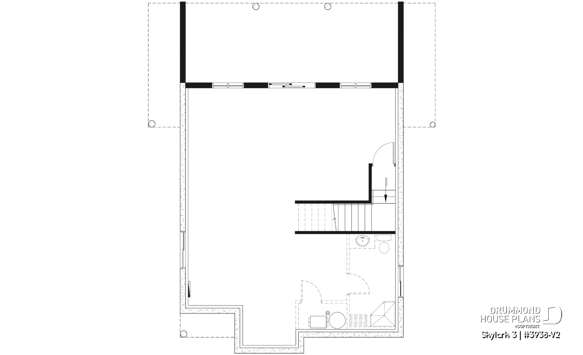 Unfinished basement - Three bedroom, two bathroom rustic chalet house plan, cathedral ceiling, mezzanine, open floor plan concept - Skylark 3