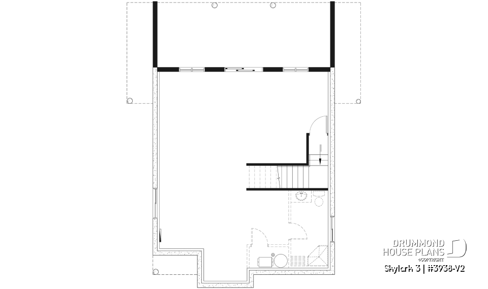 Unfinished basement - Three bedroom, two bathroom rustic chalet house plan, cathedral ceiling, mezzanine, open floor plan concept - Skylark 3