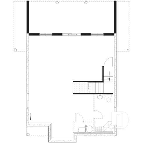 Unfinished basement - Three bedroom, two bathroom rustic chalet house plan, cathedral ceiling, mezzanine, open floor plan concept - Skylark 3