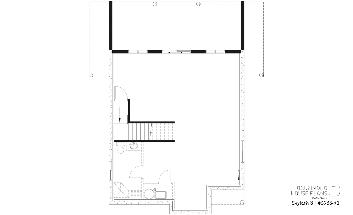 Unfinished basement - Three bedroom, two bathroom rustic chalet house plan, cathedral ceiling, mezzanine, open floor plan concept - Skylark 3