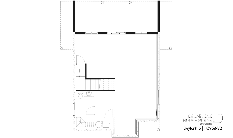 Unfinished basement - Three bedroom, two bathroom rustic chalet house plan, cathedral ceiling, mezzanine, open floor plan concept - Skylark 3