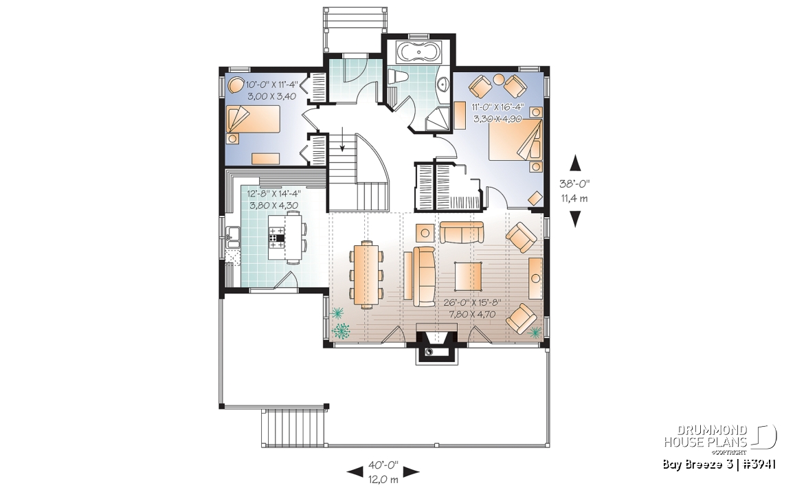 1st level - Transitional style Cottage house plan, cathedral ceilings, fireplace, large deck, unfinished walkout  basement - Bay Breeze 3