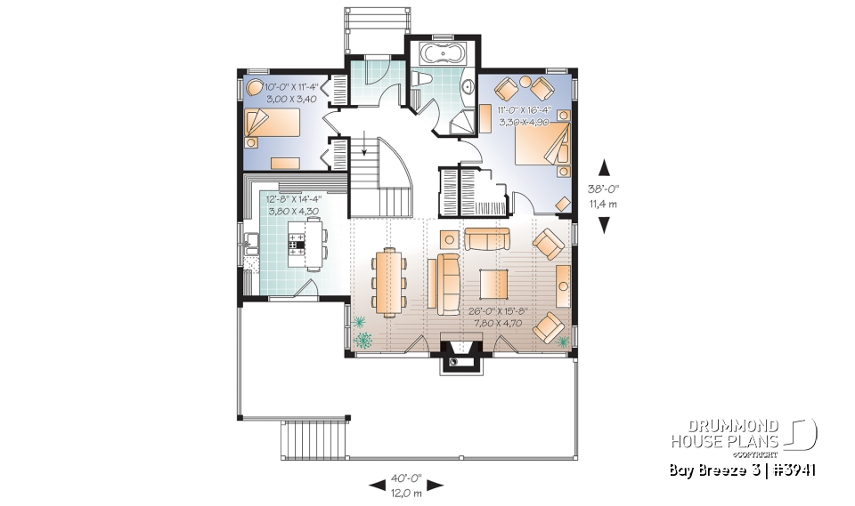 1st level - Transitional style Cottage house plan, cathedral ceilings, fireplace, large deck, unfinished walkout  basement - Bay Breeze 3