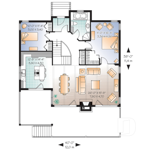 1st level - Transitional style Cottage house plan, cathedral ceilings, fireplace, large deck, unfinished walkout  basement - Bay Breeze 3