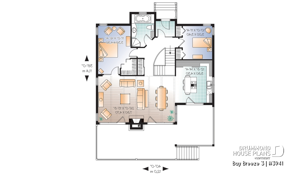 1st level - Transitional style Cottage house plan, cathedral ceilings, fireplace, large deck, unfinished walkout  basement - Bay Breeze 3