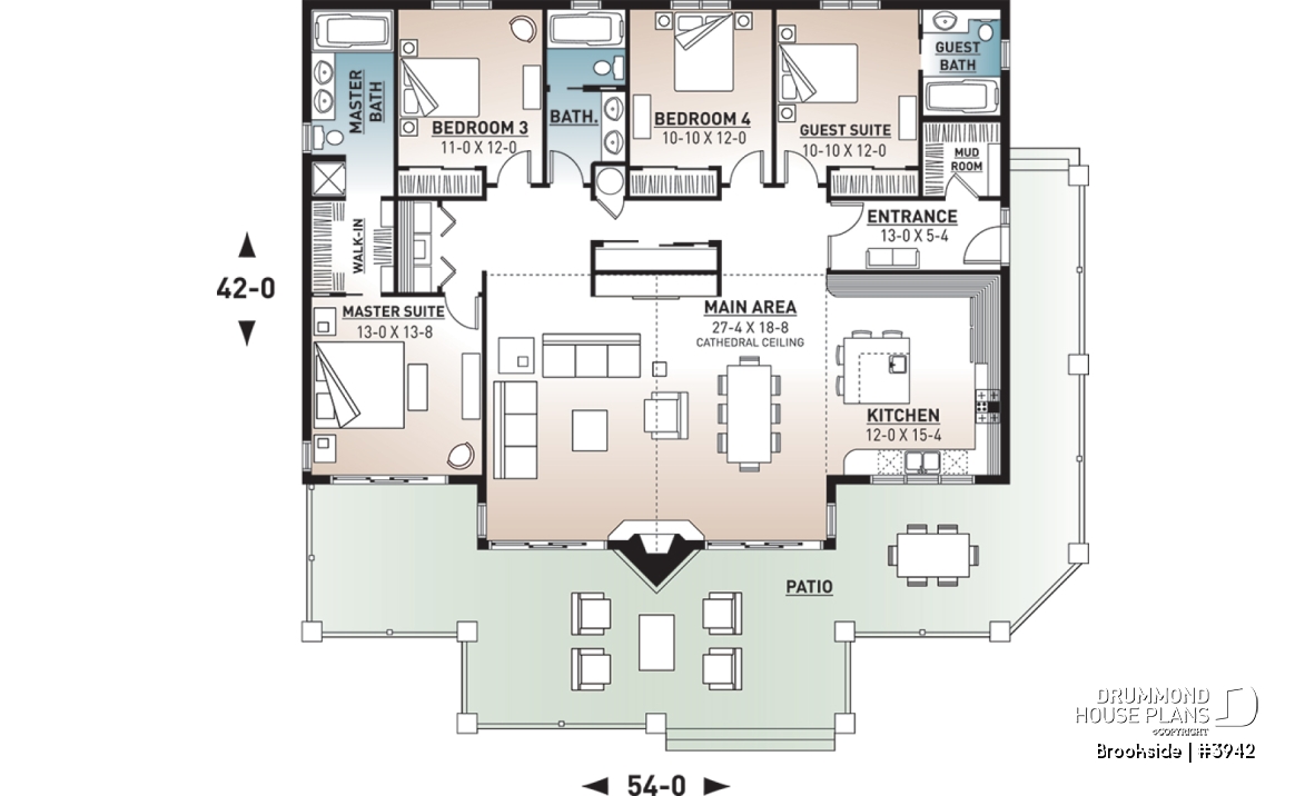 1st level - Lakefront house plan, cathedral ceiling, 4 bedrooms, 3 bathrooms, 2 master suites, large terrace - Brookside