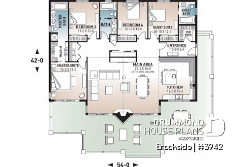 1st level - Lakefront house plan, cathedral ceiling, 4 bedrooms, 3 bathrooms, 2 master suites, large terrace - Brookside