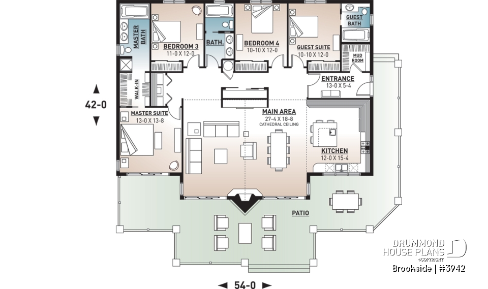 1st level - Lakefront house plan, cathedral ceiling, 4 bedrooms, 3 bathrooms, 2 master suites, large terrace - Brookside