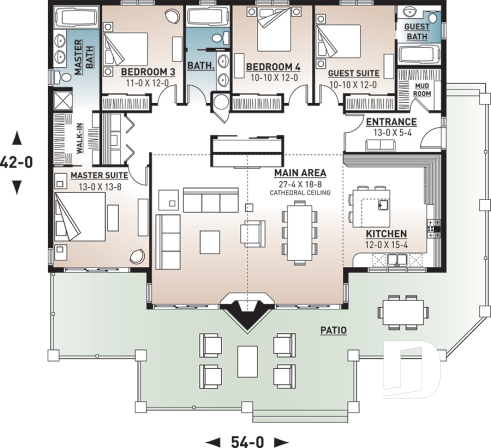 1st level - Lakefront house plan, cathedral ceiling, 4 bedrooms, 3 bathrooms, 2 master suites, large terrace - Brookside