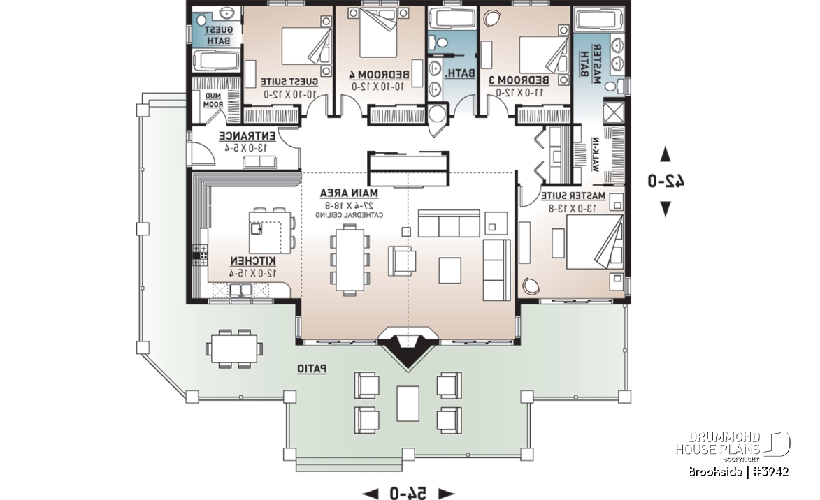 1st level - Lakefront house plan, cathedral ceiling, 4 bedrooms, 3 bathrooms, 2 master suites, large terrace - Brookside