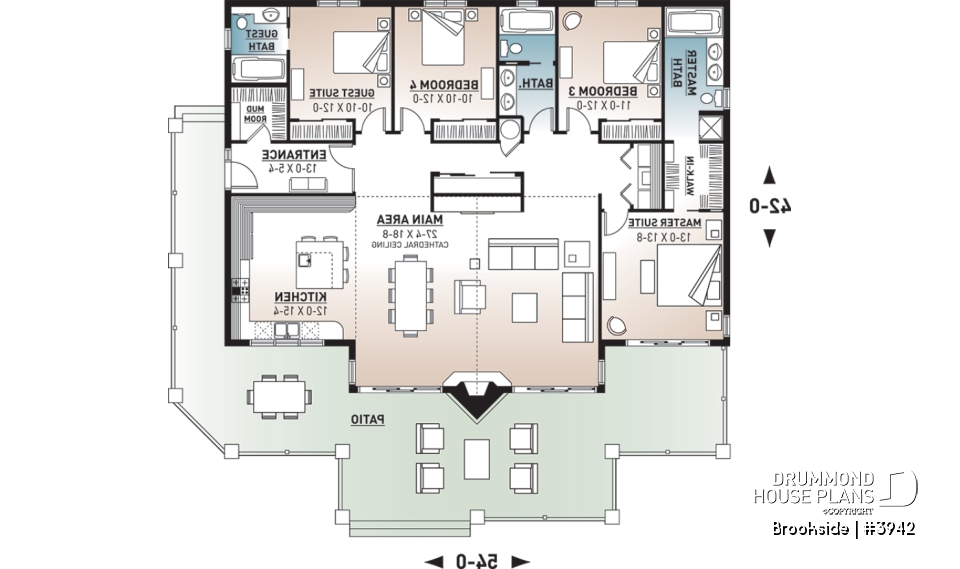 1st level - Lakefront house plan, cathedral ceiling, 4 bedrooms, 3 bathrooms, 2 master suites, large terrace - Brookside