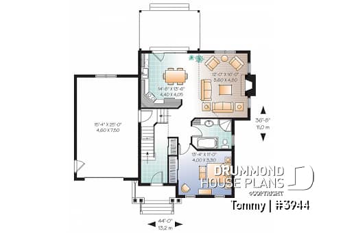 1st level - 3 bedroom panoramic view transitional home plan with pergola, mezzanine and garage - Tommy