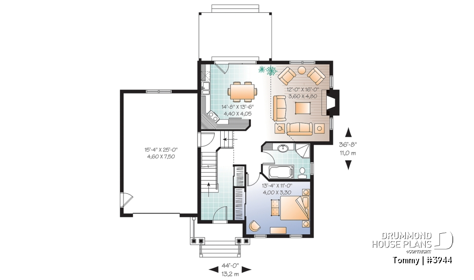 1st level - 3 bedroom panoramic view transitional home plan with pergola, mezzanine and garage - Tommy