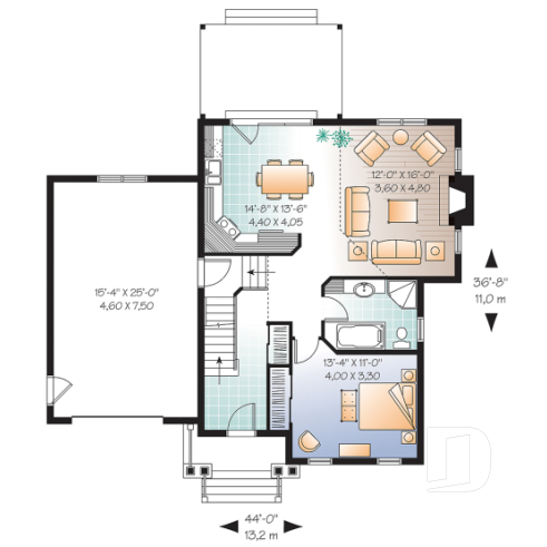 1st level - 3 bedroom panoramic view transitional home plan with pergola, mezzanine and garage - Tommy
