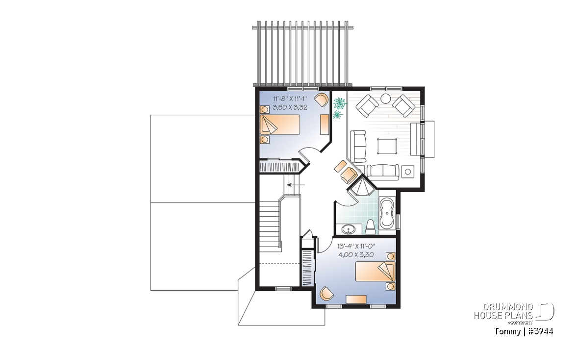 2nd level - 3 bedroom panoramic view transitional home plan with pergola, mezzanine and garage - Tommy
