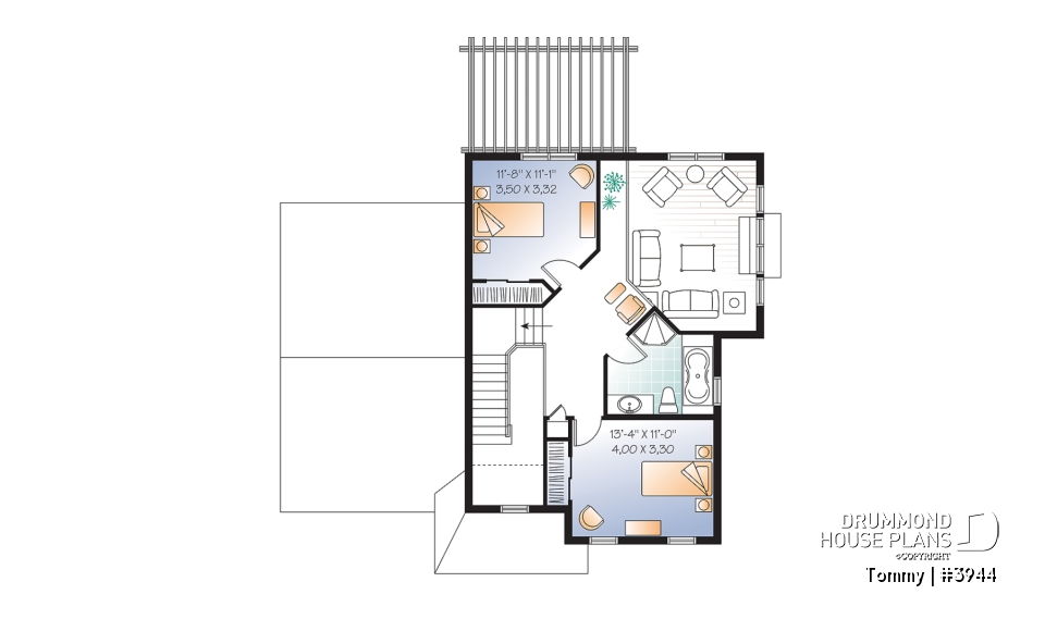 2nd level - 3 bedroom panoramic view transitional home plan with pergola, mezzanine and garage - Tommy