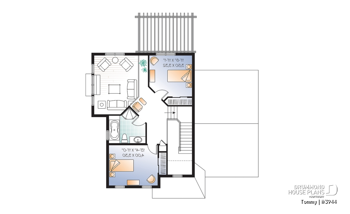 2nd level - 3 bedroom panoramic view transitional home plan with pergola, mezzanine and garage - Tommy