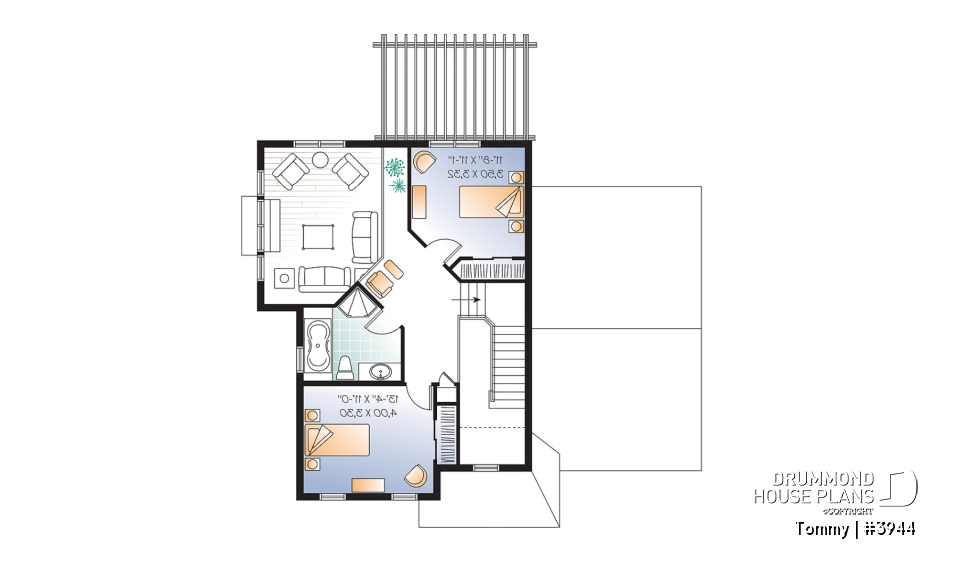 2nd level - 3 bedroom panoramic view transitional home plan with pergola, mezzanine and garage - Tommy