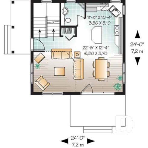 1st level - Small 2 bedroom modern style cabin design with mezzanine and cathedral ceiling, affordable construction - Willowgate