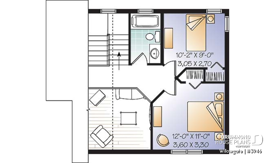 2nd level - Small 2 bedroom modern style cabin design with mezzanine and cathedral ceiling, affordable construction - Willowgate