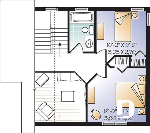 2nd level - Small 2 bedroom modern style cabin design with mezzanine and cathedral ceiling, affordable construction - Willowgate