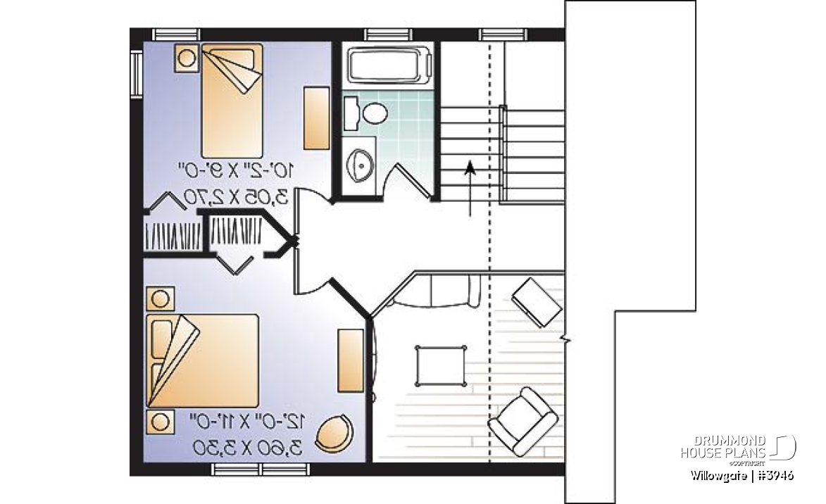 2nd level - Small 2 bedroom modern style cabin design with mezzanine and cathedral ceiling, affordable construction - Willowgate