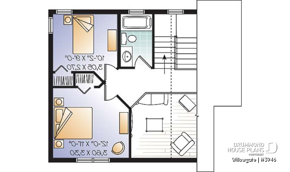 2nd level - Small 2 bedroom modern style cabin design with mezzanine and cathedral ceiling, affordable construction - Willowgate